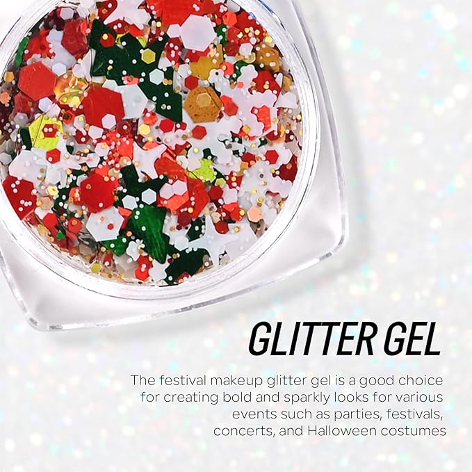 Christmas Face Body Hair Glitter Gel, Gold White Red Sliver Snowflake Holographic Colorful Chunky Festival Rave Accessories Glitter Makeup, 6 Kinds of Sparkling Sequins for Christmas