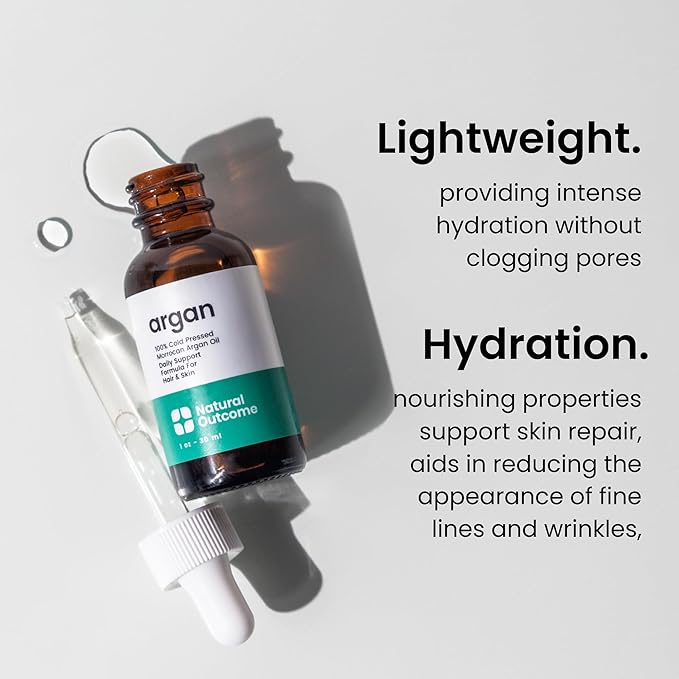 natural outcome Argan Oil 100% Pure Moroccan Cold-Pressed Face, Body and Hair Lightweight Oil for Moisturizing, Hydrating & Skin Nourishment, 1 oz
