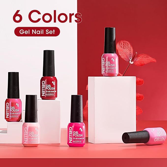 GELLEN Red Gel Polish Set, 6 Colors Red Rose Pink Jelly Gel Nail Polish Set, Soak off U/V Light Cured Nail Art Valentines Gifts for Her