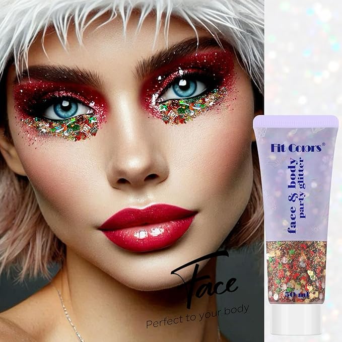 Christmas Face Body Hair Glitter Gel, Gold White Red Sliver Snowflake Holographic Colorful Chunky Festival Rave Accessories Glitter Makeup, 6 Kinds of Sparkling Sequins for Christmas