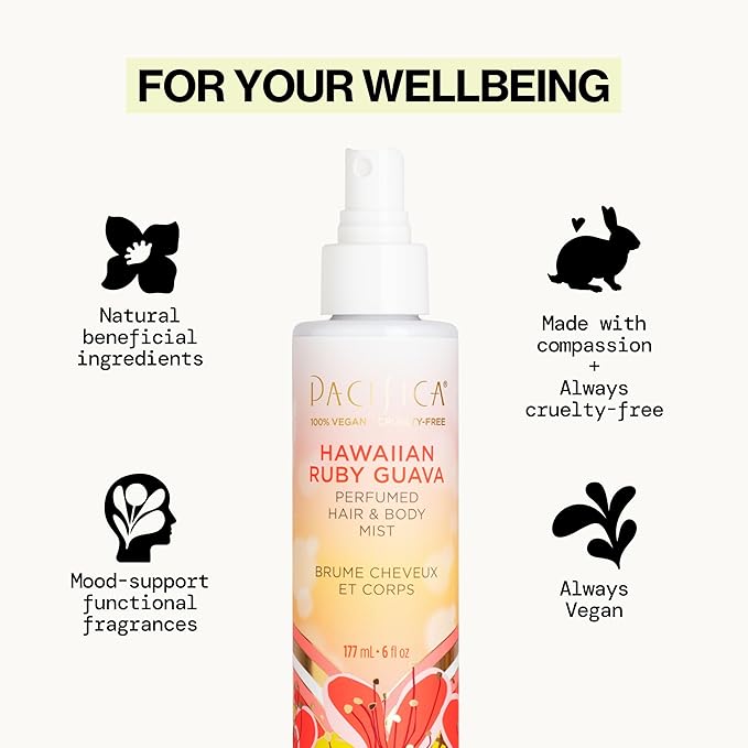 Pacifica Hawaiian Ruby Guava Hair Perfume & Body Fragrance Spray Mist - Body Mist Fragrance w/ Grapefruit, Patchouli, Sugar Notes & Geranium Clean Beauty Alcohol-Free, Vegan & Cruelty-Free, 6 oz
