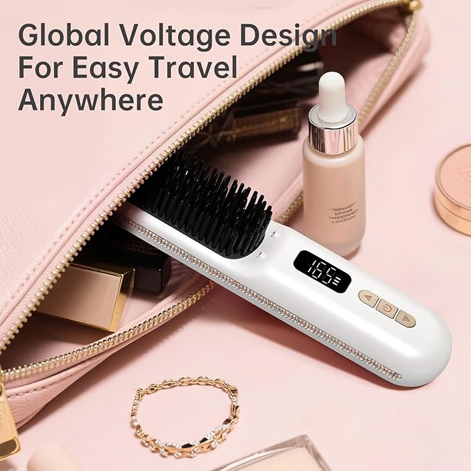 Hair Straightener Brush, Portable Cordless Straightening Brush for Travel, Negative Ion Hot Comb Hair Straightener with 9 Temps for Women, Anti-Scald Ceramic, Fast Charge