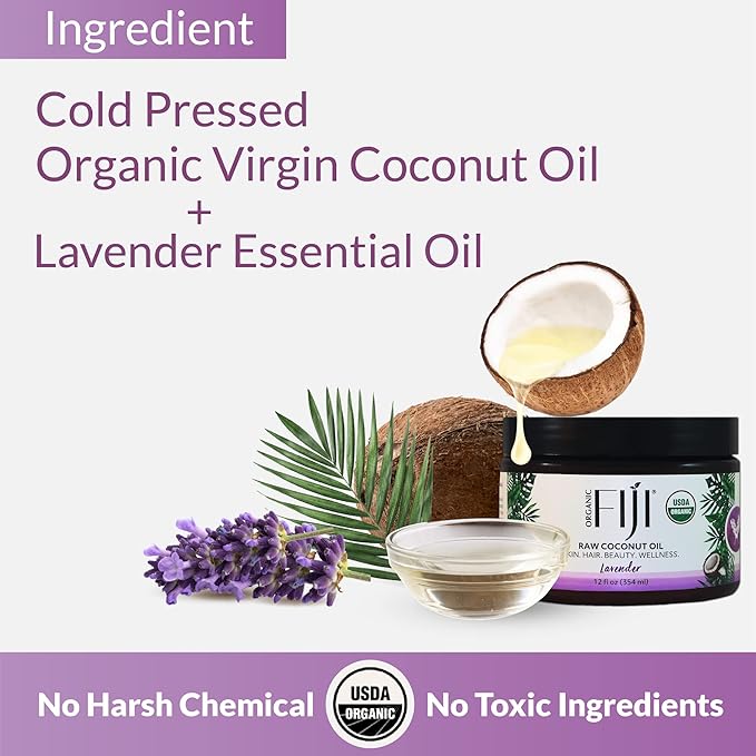 Organic Fiji Raw Cold Pressed Coconut Oil for Hair, Skin, Face & Body | Relaxing Massage Oil | Lavender,12 oz for Women Men & Baby