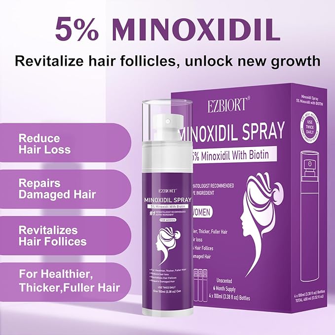 5% Minoxidil Spray for Women-4 PCS ，monoxide for men hair Infused with Biotin, hers hair regrowth treatment, Supports Thicker and Fuller Hair & Beard (13oz, 7 Month Supply)