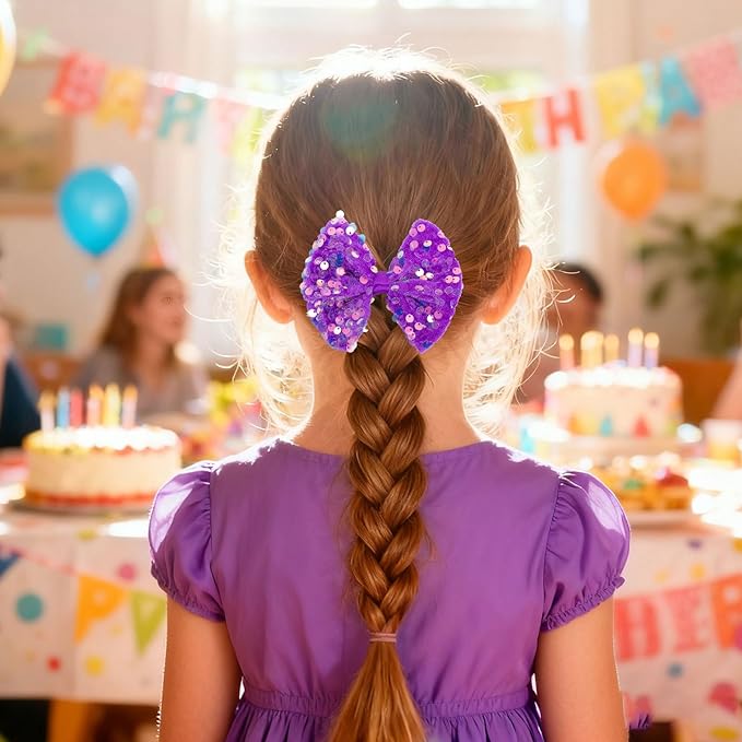 Velvet Sequin Hair Bows Elegant Purple Bow for Women Girls, 4in Glitter Handmade Hair Clips Alligator Clips Ponytail Holder Sparkly Hair Accessories for Helloween, Christmas, Birthday Party, Wedding