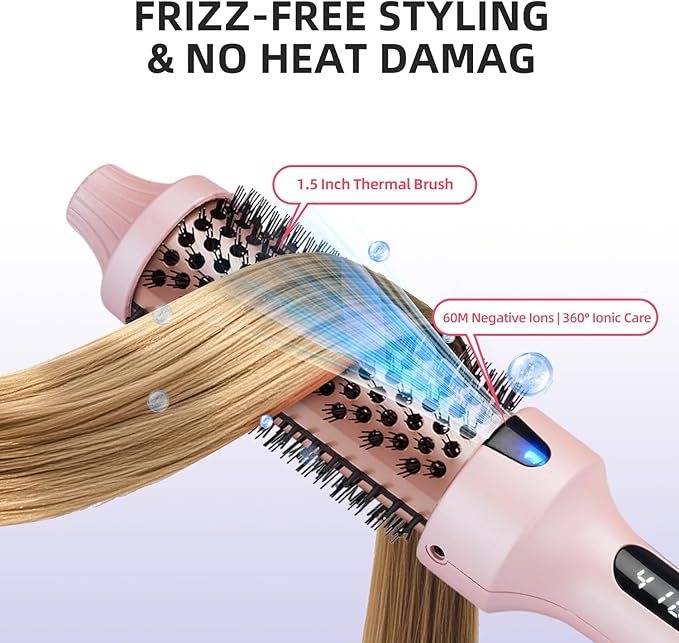 Thermal Brush, 1.5 Inch Heated Round Brush for Women, Dual Voltage Negative Ion Hot Brushes Styler for Blowout Look, Curling & Volumizing & Straightener for Dry Hair
