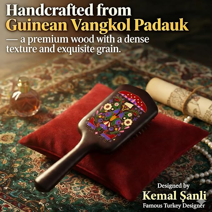 SIMETRA Wooden Paddle Hair Brush Unique Pattern Guinean Ovangkol Hardwood Bristles Hair Brushes for Women Wet Brush Detangling Brush for Scalp Massage for Men Kids for All Hair Types (Butterfly)