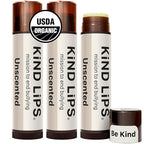 Kind Lips USDA Organic Lip Balm Unscented 3 Pack – 100% Natural, Moisturizing Lip Care with Beeswax. Hydrates & Nourishes Dry, Chapped Lips. Cruelty-Free, Eco-Friendly, and Non-Toxic. Unflavored