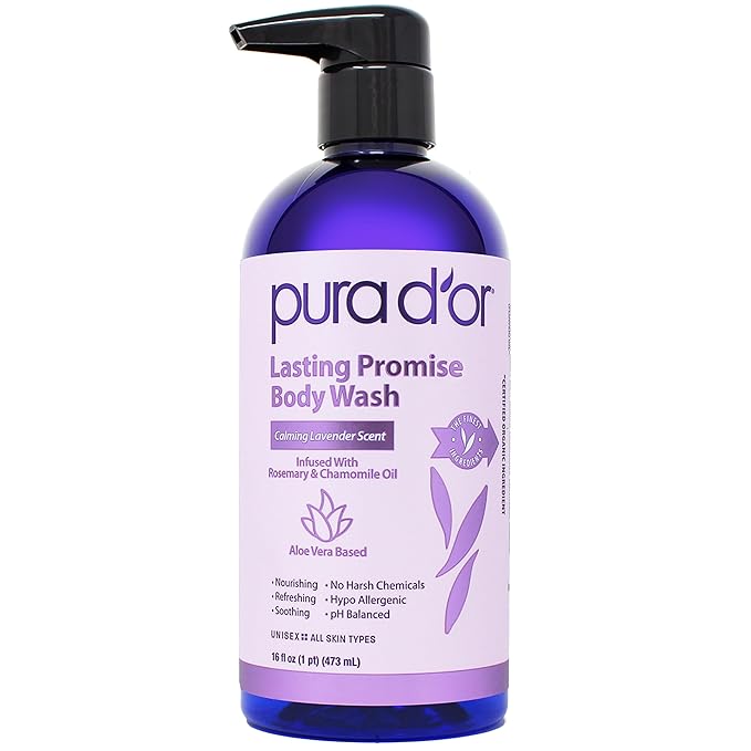 PURA D'OR 16 Oz Lasting Promise Body Wash – Calming Lavender Scent – Aloe Vera Based, Infused with Rosemary & Chamomile Oil – pH Balanced, Sulfate-Free, Hypoallergenic, Vegan – For Men & Women