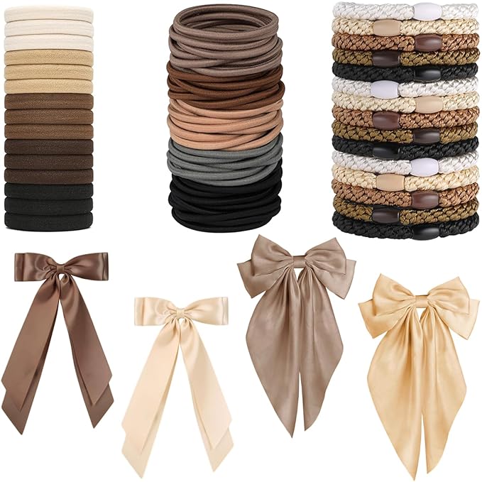 Hair Ties for women 5 styles Hair Elastics(15 No Damage Hair Ties 50 High Elastic Ties 15 Ponytail Holders 4 Bow Hair Clips 20 Snap Hair Clips) Pain-free No Crease multiple colors for all hair types