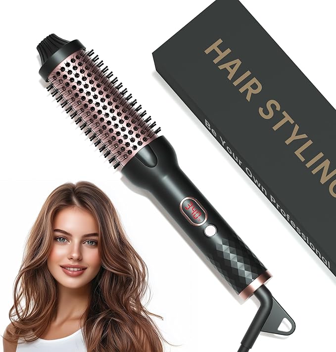Negative Ion Thermal 1.5 Inch Brush for Blowout Look, Ceramic Curling Brush with Anti-Scald Nylon Bristles,10 Temps & Auto Shut-Off, Dual Voltage Travel Hair Styling Tool