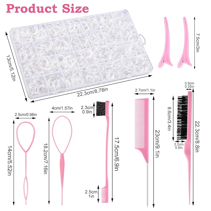 Clear Rubber Bands with 7 Hair Styling Tools, 1500 Pcs Elastic Ties Small Rubber Bands Baby Toddler Hair Ties for Girls Christmas Gifts