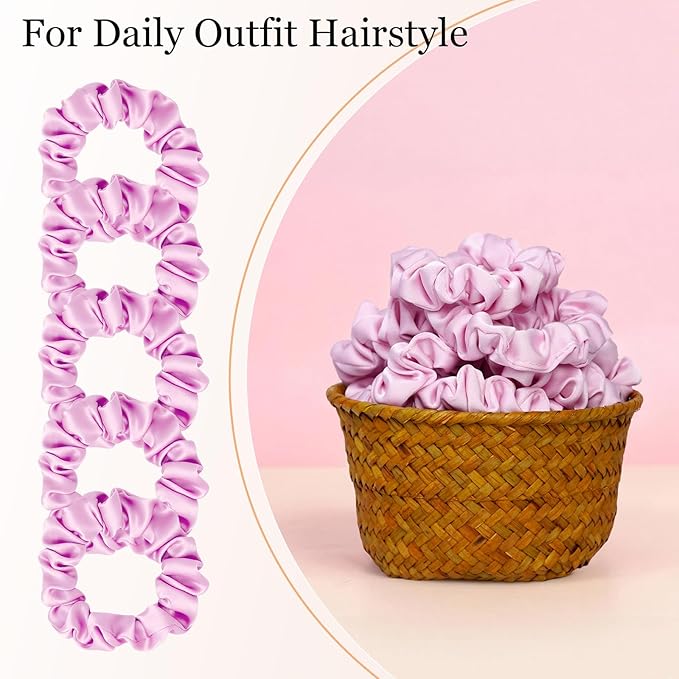 Ultra-Petite Satin Scrunchies for Women – 8PCS Pink Small Hair Ties – Softer Than Silk, No Crease, Frizz-Free, Gentle Elastic Bands for Day & Night, Perfect Gifts