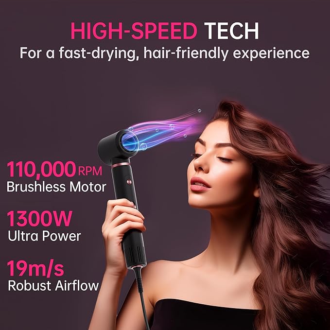 SKIMI 110,000 RPM Brushless Motor Hair Dryer Brush - 5 Muti-Styler for Fast Drying, Curling, Volumizing & Straightening | High-Speed Hot Air Brush for All Hair Types (Black & Blush Red)