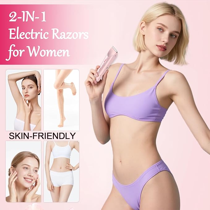 2-in-1 Bikini Trimmer for Women, Bikini Shaver, Dual Head Electric Razor, IPX7 Waterproof Wet/Dry, USB Rechargeable for Pubic/Underarm/Leg, Pink