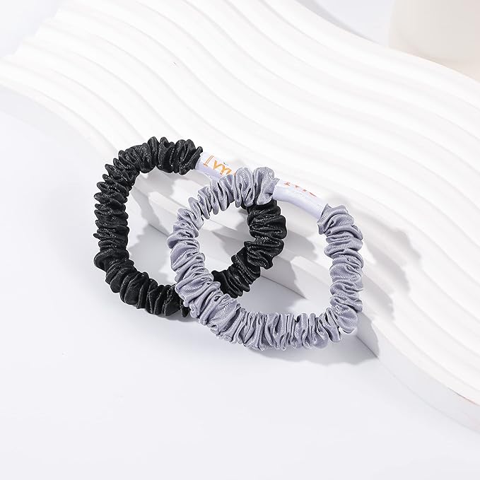 Hair Ties Silk Satin Scrunchies - Small Mini Thin Elestics Ponytail Holder Hair Bands Skinny Scrunchy For Thick Curl Hair No Crease Hair Ties Soft Accessories No Hurt Your Hair for Women and Girls (Basic color)