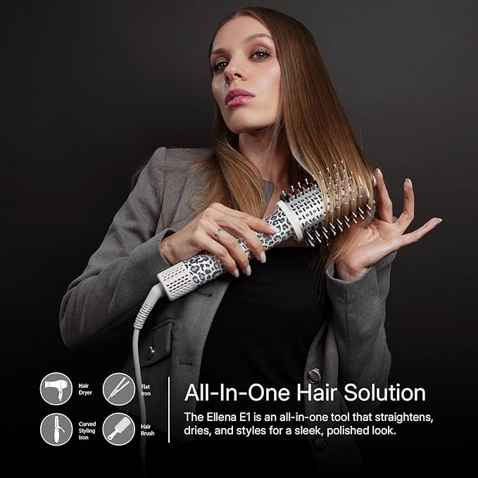 Ellena E1 Blow Dryer + Straighten Hair Brush Dual Mode, Hot Air Brush with 110000RPM High Speed Brushless Motor/Oval Air Barrel/3D Teeth Heated Comb/Handheld Cored, Styler Tool for All Hair Types