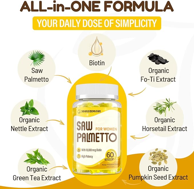 Saw Palmetto for Women - DHT Blocker Hair Growth Supplement - 500mg Potent Saw Palmetto Gummies for Hair, Skin, Nails, Urinary Wellness - Mango-Pineapple Flavor - 60 Gummies