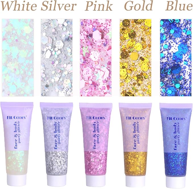 Face Body Glitter, Hair Glitter Sparkles Chunky Face Glitter Gel for Girls Makeup Singer Concerts Mermaid Festival Sequins Face Paint (White+Silver+Pink+Gold+Blue)
