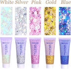 Face Body Glitter, Hair Glitter Sparkles Chunky Face Glitter Gel for Girls Makeup Singer Concerts Mermaid Festival Sequins Face Paint (White+Silver+Pink+Gold+Blue)