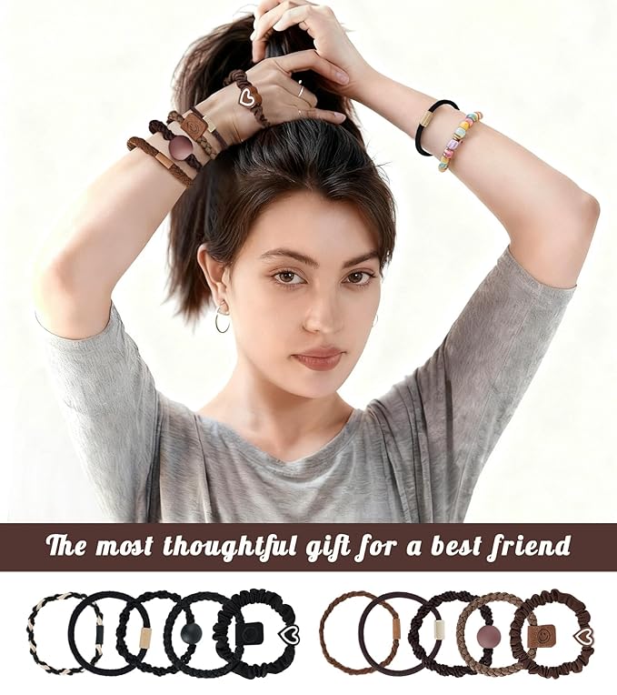 20Pcs Hair Ties -No Damage Seamless Nylon Fabric Bands, Seamless Soft Thick Ponytail Holder Scrunchies Fashion Head Bands for Women Girls(brown 20pcs)