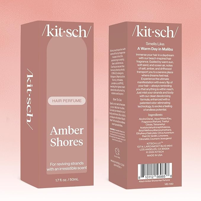 Kitsch Hair Perfume for Women - Amber Shores | Clean, Deodorizing & Patented Odor-Eliminating Technology Hair Spray & Body Mist - Freshen Hair, Body & Pillows - Woody Aquatic Scent - 50mL