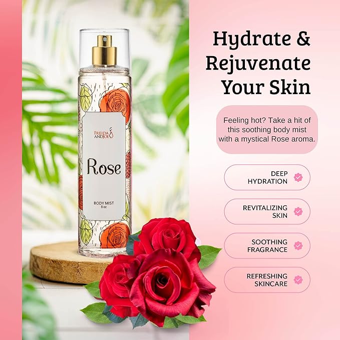 Freida and Joe Rose Elegance Fine Fragrance Body Mist Spray Capturing Timeless Allure of Blooming Roses, 8 oz Spray Bottle Ideal for Gifting, Stocking Stuffer