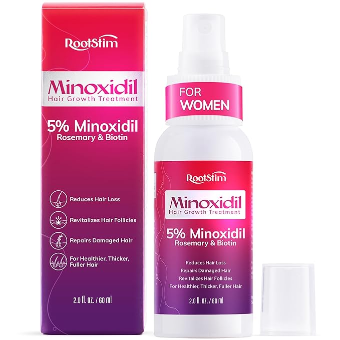 5% Minoxidil Spray for Women Hair Growth: RootStim Extra Strength Hair Regrowth Treatment with Biotin, Caffeine & Peptides for Thinning Hair, Fuller & Healthier Hair - 2 Fl Oz