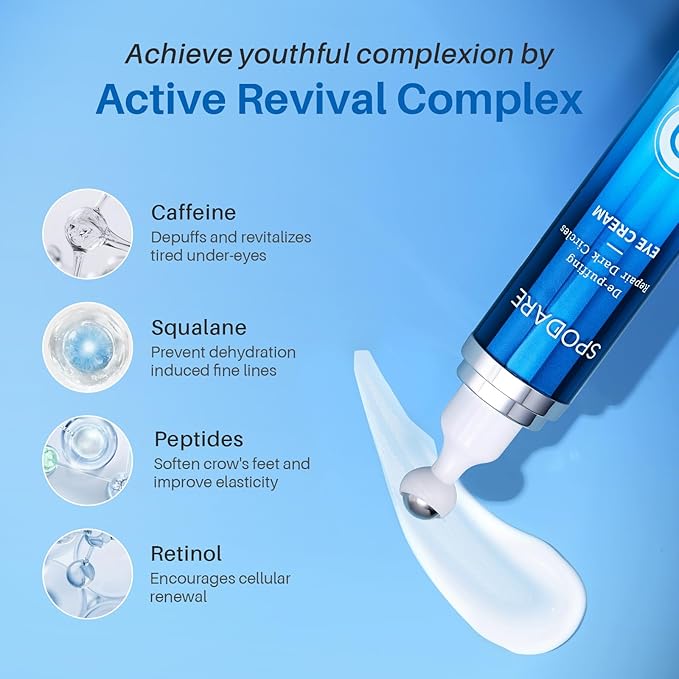 Caffeine Eye Cream, Under Eye Cream for Dark Circles, Puffiness & Puffy Bags, Wrinkles Fine Lines, Eye Roller Serum with 360° Massage Ball for Women and Men - 0.7 fl. oz