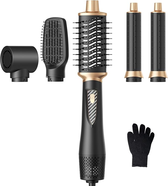 5 in 1 Blow Dryer Brush Set, 1000W Professional Hot Air Styler, Ionic Hair Dryer Brush, 3 Heat Settings, Auto Curling, Fast Drying, Ideal Hair Styling Tools Gift for Women (Black Gold)