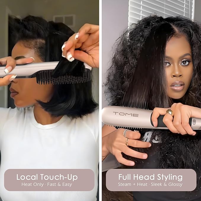 Tome Steam Hair Straightener Brush, 3-in-1 Ionic Straightening Comb with 2 Steam Levels, 3 Heat Settings (356°F–428°F), Dual Voltage 110-240V, Anti-Scald Design for Frizzy & Curly Hair Color Pink