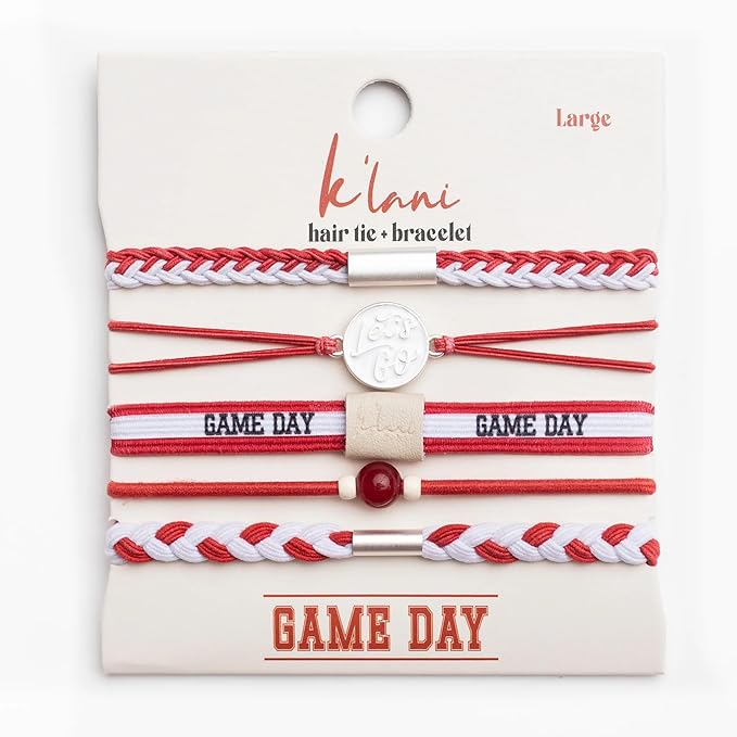 K'lani Game Day Hair Tie Bracelets – 5-Pack Stretchy No-Crease Hair Ties & Stylish Bracelets – Team Color Accessory for Hair or Wrist - Crimson & White, Medium