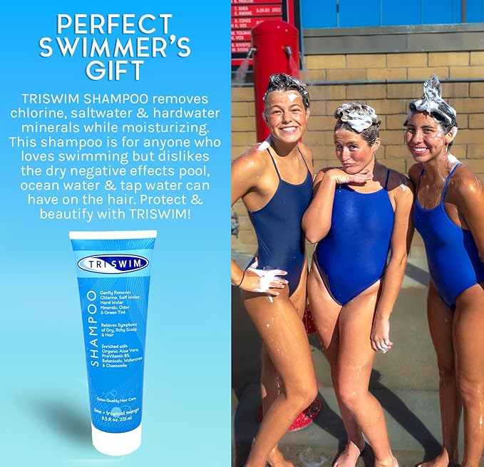 TRISWIM Chlorine Removal Shampoo 8.5oz | Removes Chlorine, Bromine, Hard Water Minerals & Saltwater| Hydrates & Restores Hair | Safe for Color-Treated Hair | Lime + Tropical Mango Scent