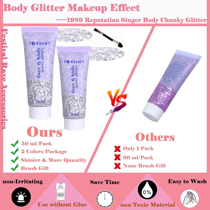 Body Glitter Face Glitter Gel: Singer Concerts Disco Festival Rave Accessories Face Glitter Makeup Chunky Sequins Mermaid Face Body Hair Glitter Gel (2 Silver)