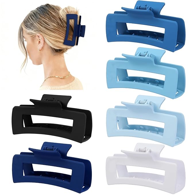 4 Inch Big Hair Claw Clips 6 Pcs Large Claw for Thick Hair Square Hair Clips for Women Rectangle Hair Clips Nonslip Acrylic Banana Jaw Clips Hair Accessories for Girls (Blue)