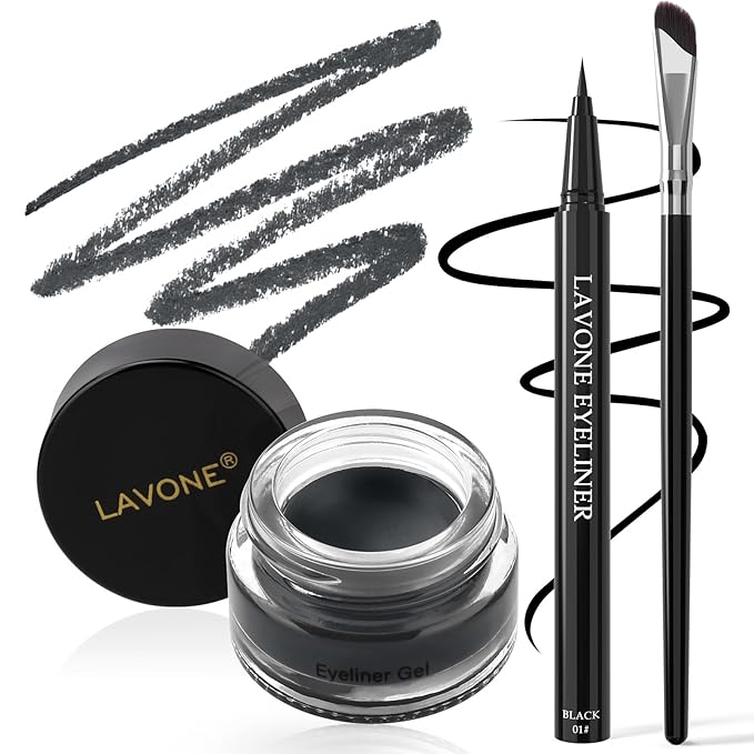 LAVONE Eyeliner Set - Waterproof Makeup Kit with Liquid Eye Liner Pencil, Gel Eyeliner and Angled Eye Liner Brush, Waterproof, Smudge Resistant, Long Lasting Formula - Granite
