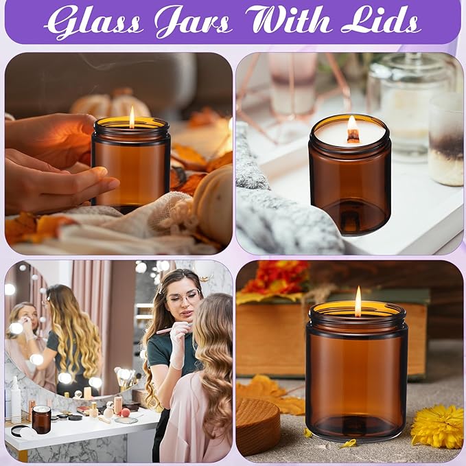 24 Pcs 8 oz Glass Jars with Lids, Clear Candle Jars with Black Lids Round Empty Candles Container Tins for Candle Making Storing Lotions Spice Powder Liquid Sample Makeup (Amber)