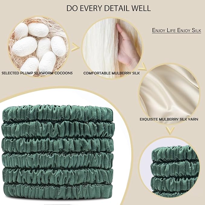 Suncdelv Silk,100% Silk Scrunchies for Hair,22 Momme Hair Ties for Anti-Crease & Breakage,Natural Women Hair Accessories，Fashion Hairbands 6PCS（Blackish Green）