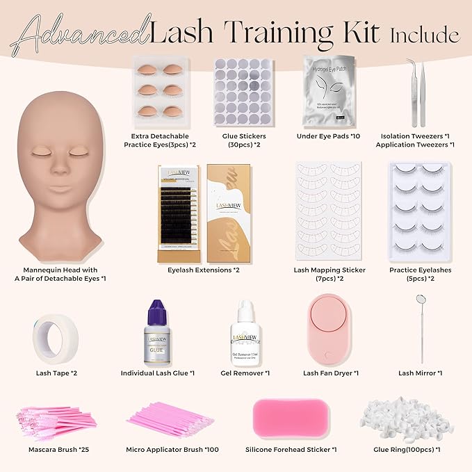 LASHVIEW Lash Kit for Beginners 338pcs Lash Extension Kit Professional Mannequin Head With 7 Pairs Replaced Eyelids Silicone Training Set Include Mini Fan Dryer Makeup Natural Skin Color