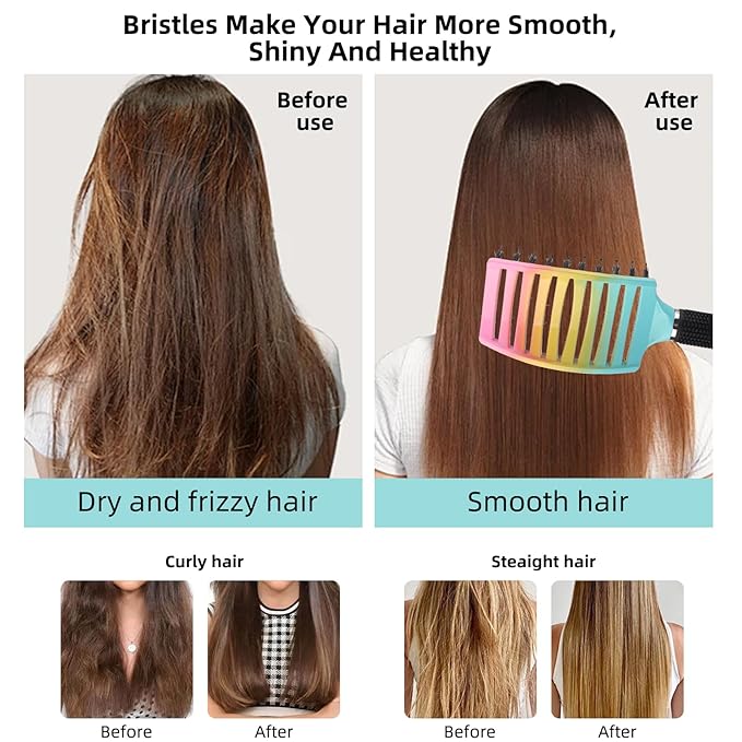 4 Piece Boar Bristle Hair Brush Set for Fine & Thick Hair - Round & Paddle Brushes for Blow Drying,Curl Defining & Wet Hair,Travel Combs (Includes 2 Clips)