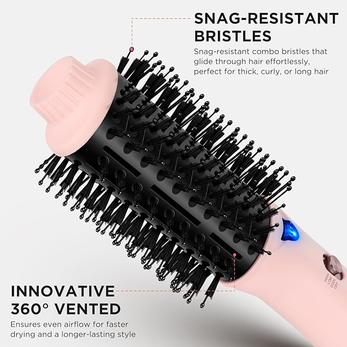 Aima Beauty Blow Dryer Brush - Ionic Ceramic Hot Air Brush for Frizz-Free Straightening & Voluminous Blowout, 2.3‘’/ 60mm Oval Barrel with Nylon Bristles, 360 Surrounded Vent, 3 Heat Settings, Pink