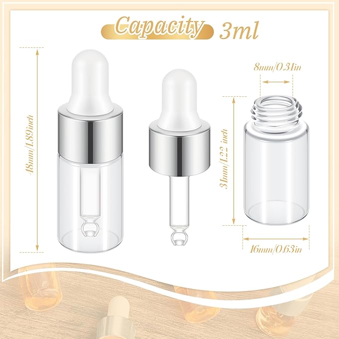 200 Pcs Mini Glass Oil Dropper Bottle Bulk, Clear Essential Small Empty Bottles Sample Containers Perfume Liquid Vials with Cap for Traveling (3 ml,Silver)