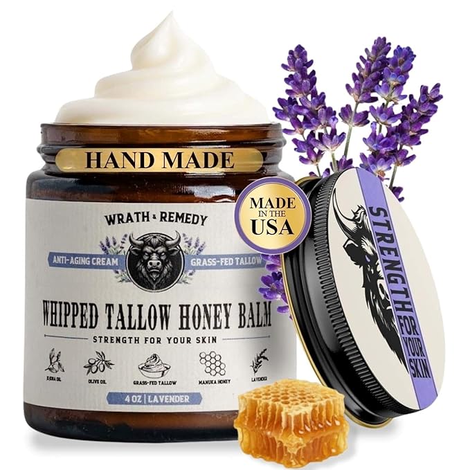 Organic Beef Tallow for Skin - 4 OZ (Lavender) — Grass Fed Beef Tallow for face + Body — US-Made Whipped Tallow and Honey Balm Moisturizer for Dry and Sensitive Skin, Eczema, Rosacea (No Additives)