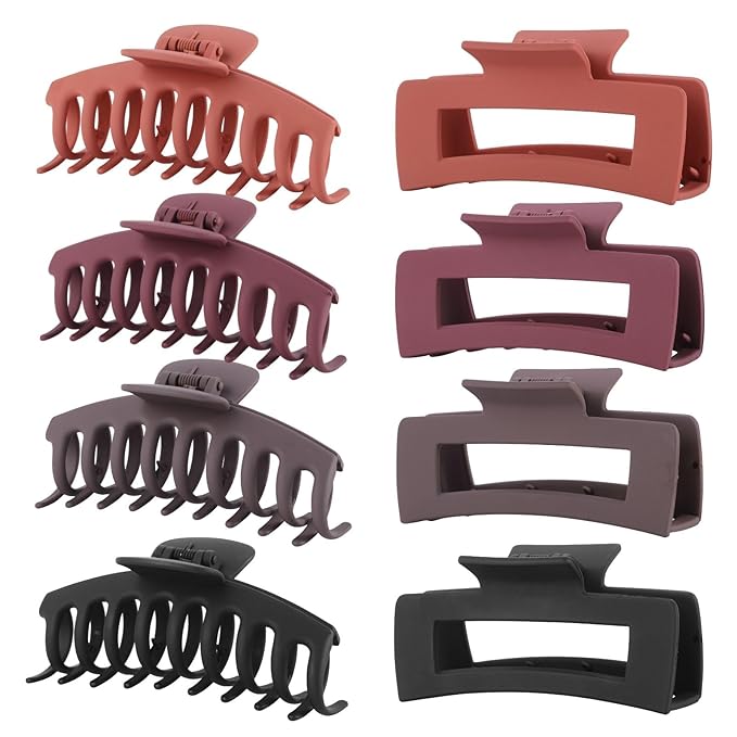 LuSeren 8 Pack Hair Clips for Women 4.3 Inch Large Hair Claw Clips for Women Thin Thick Curly Hair, Big Matte Banana Clips,Strong Hold jaw clips Black Orange Dark Brown Light rose