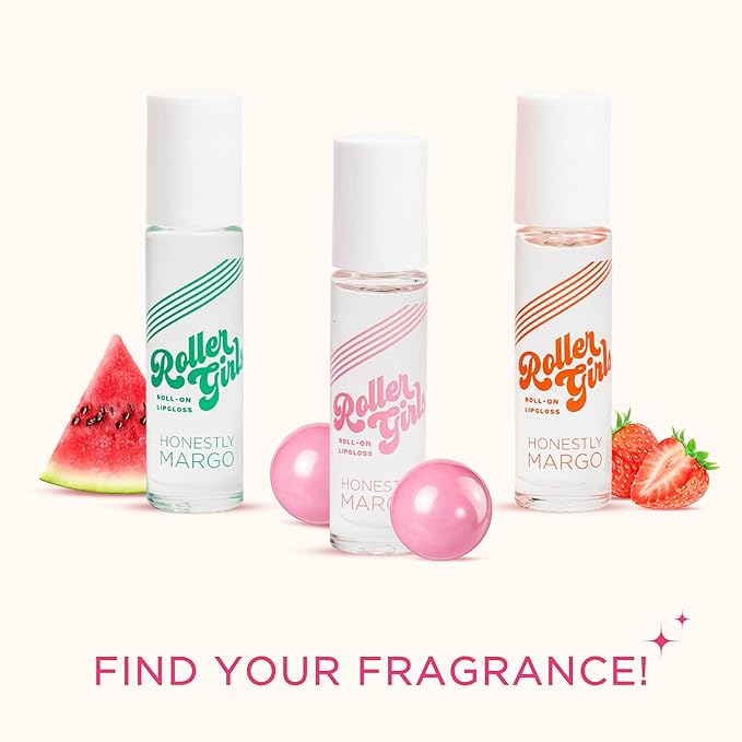 Honestly Margo Roller Girl Roll-On Lip Gloss Set (Strawberry Amber, Watermelon Alexis, Bubblegum Destiny - Pack of 3) – Lip Gloss for Women with Hydrating Vitamin E & Moisturizing Shine, Non Stick