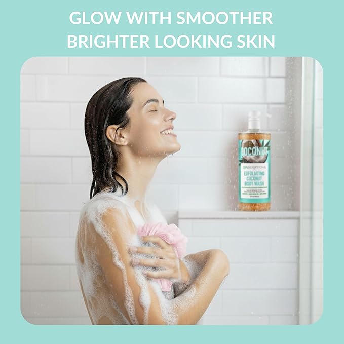 SpaScriptions Exfoliating Coconut Body Wash - 32 oz Scented Moisturizing Body Wash Scrub For Men and Women with African Black Soap for Smooth Skin and Brown Sugar for Gentle Exfoliation, Paraben Free