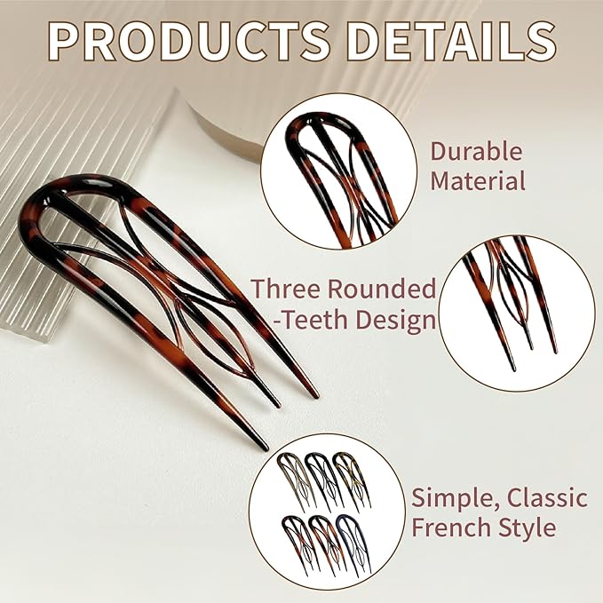 French Hair Pins for Women-6PCS Tortoiseshell U Shaped Clips for Buns, Prestige& Elegant,Internal Teeth Fork Hairpins Styling for Thick Twist Hair