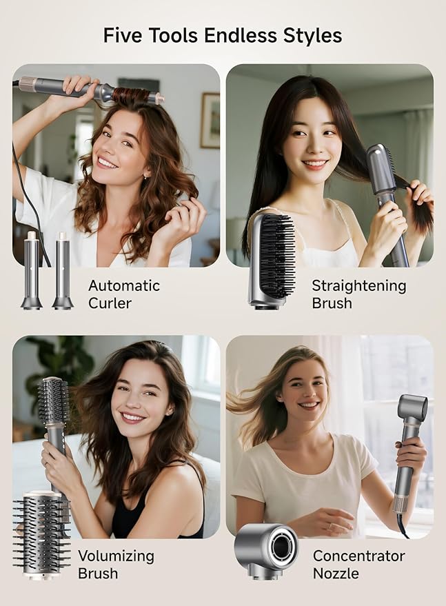 5-in-1 High Speed Hair Dryer Brush – Ionic Hot Air Brush Styler Set for Fast Drying, Straightening, Curling & Volumizing – Lightweight Travel Design Hair Styling Tool