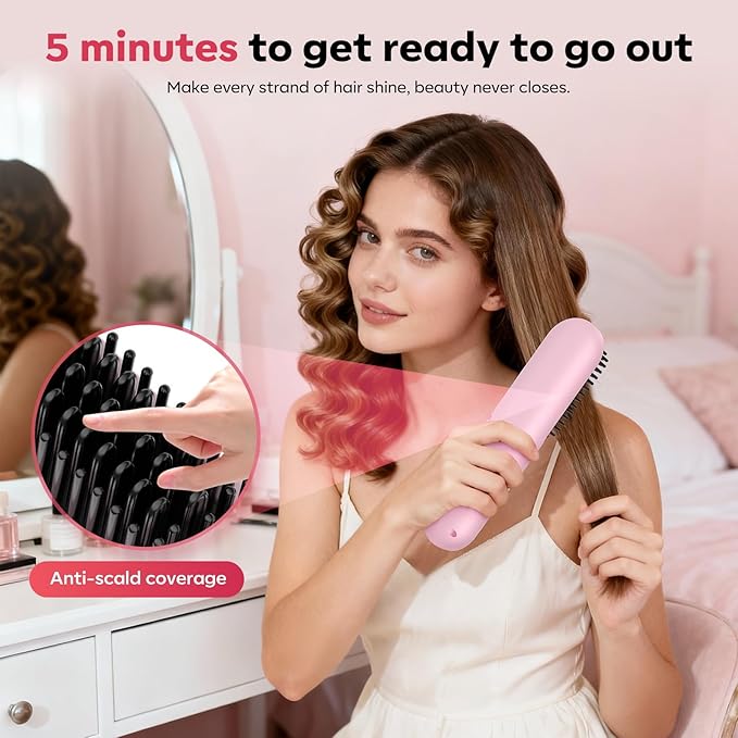 Go Brush Pro 2026 Hair Straightener Brush 300 Million Negative Ionic Portable Hair Straightener Comb for Women with 4 Temps Fast Heating MCH Ceramic Coating Smooth Frizz Hair Light Pink