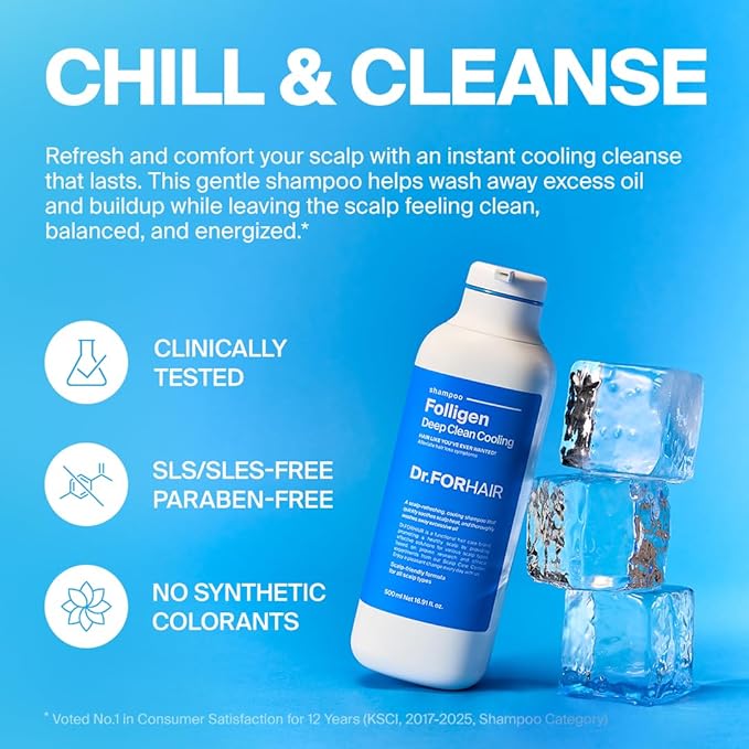 Dr.FORHAIR Folligen Deep Clean Cooling Shampoo | Korean Hair Care | Clarifying & Cooling Scalp Shampoo, Anti Dandruff | For Hair Thickening & Fuller Looking, 16.91 fl oz